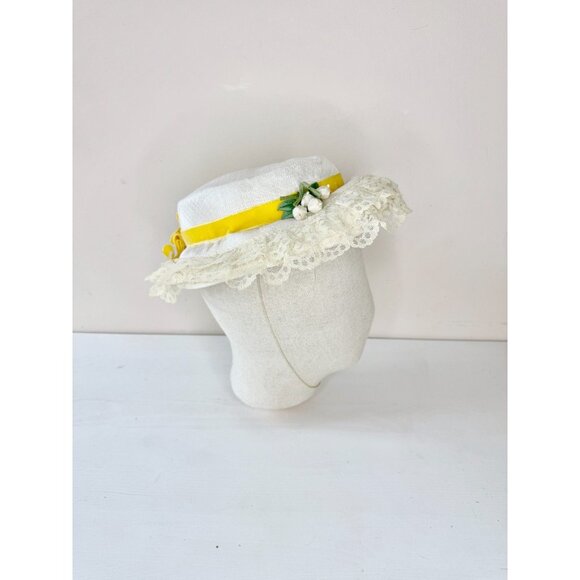 Vintage Ivory Straw Faux Floral Yellow Velvet Bow Lace Ruffle Trim Boater Hat - Picture 4 of 14